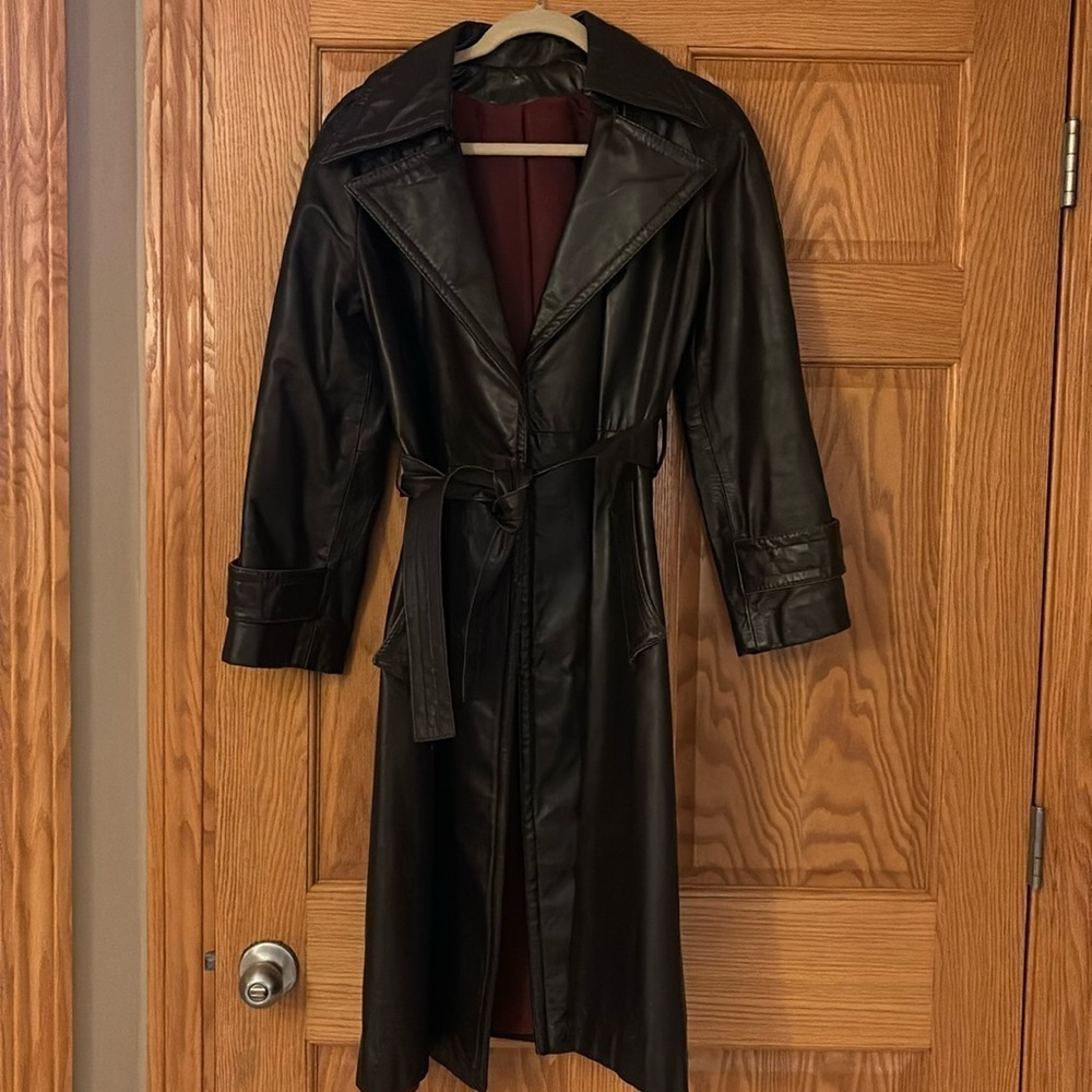 Vintage Faux Leather Brown BeltedTrench Coat 10